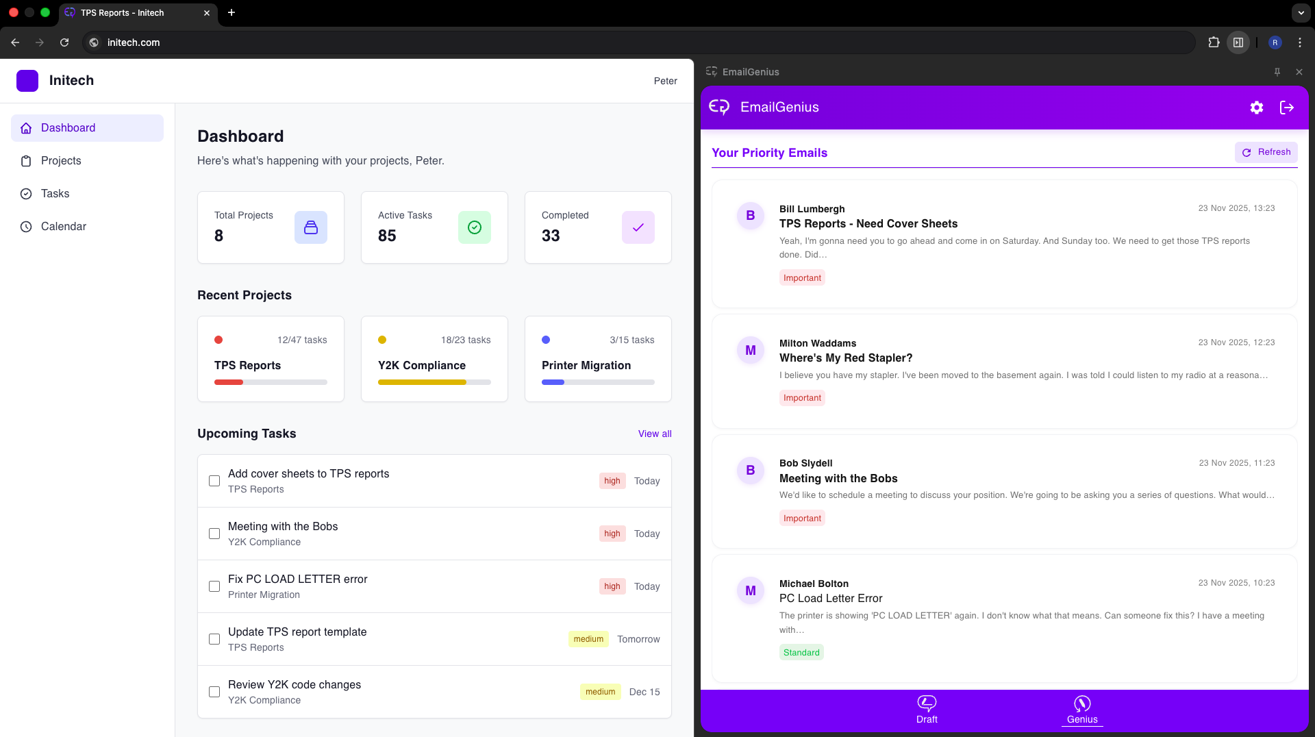 EmailGenius interface showing email management features on desktop