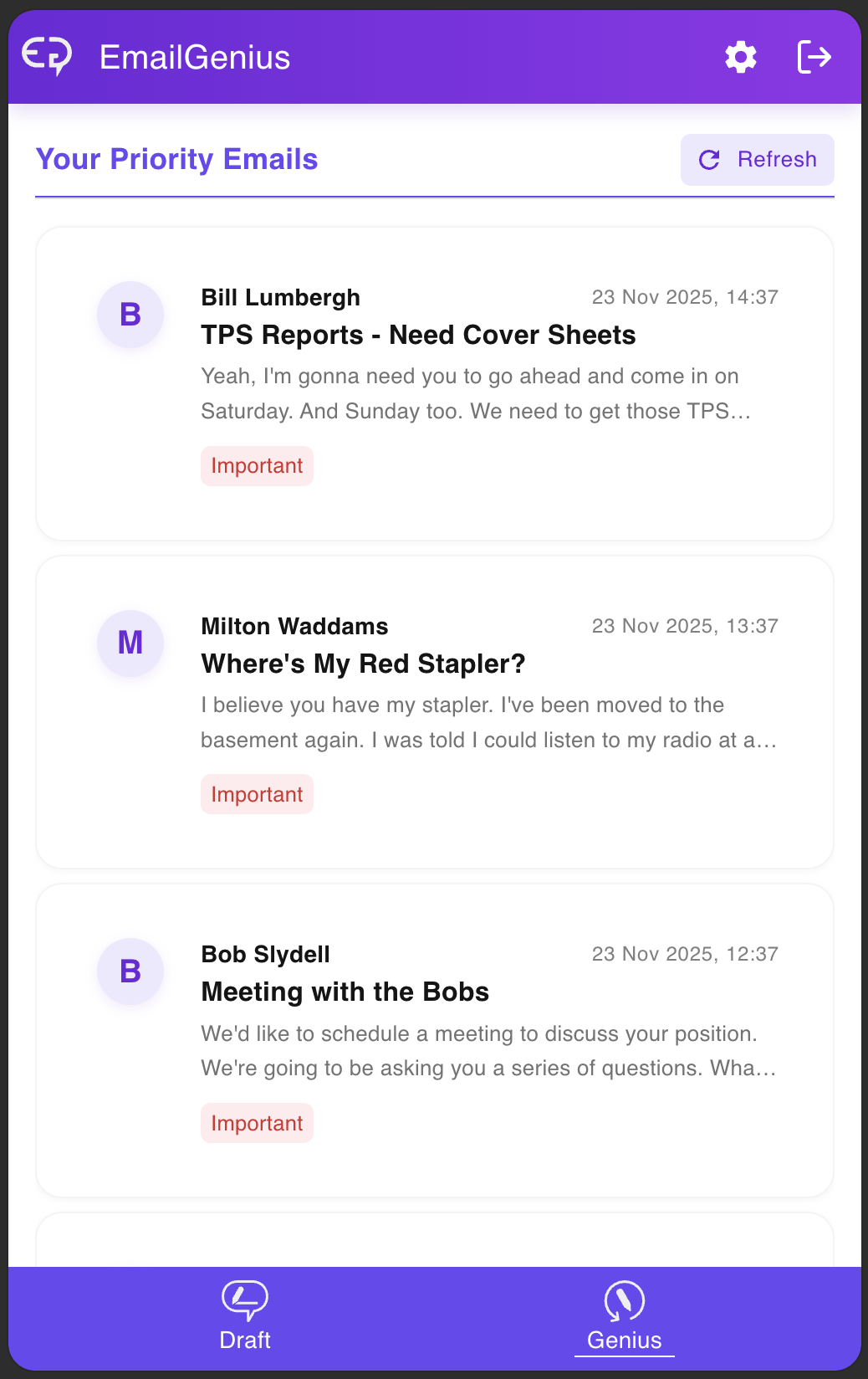 EmailGenius interface showing email management features on mobile device